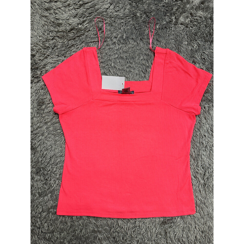 Good Luck Gem Women's T-Shirt Ribbed Square Neck Tee Shirt Neon Pink Size M